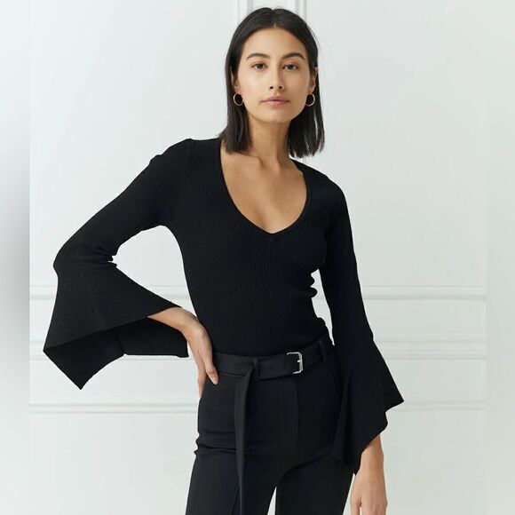 Autumn Cashmere Ribbed V Neck with Rectangle Cuffs - Picture 1 of 6